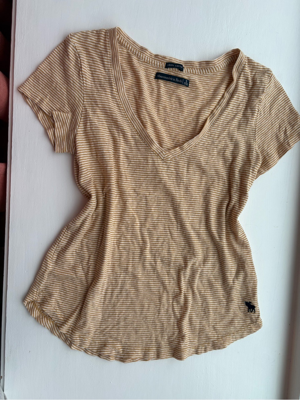 Abercrombie & Fitch Women's Tan Striped V-Neck Tee